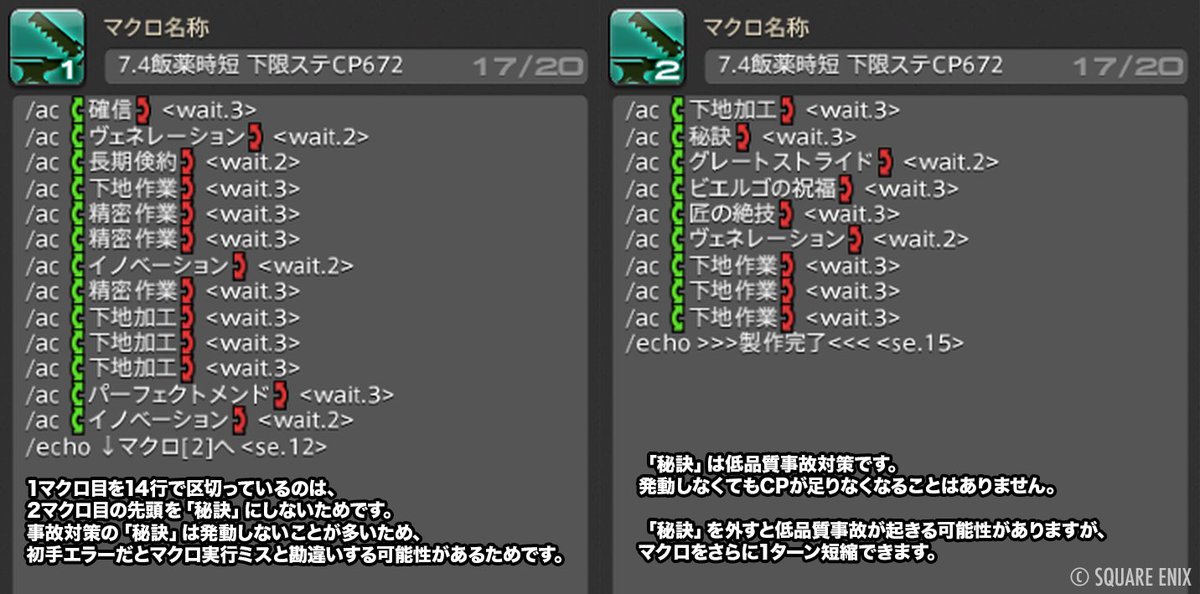 nicoya_ff14's tweet image. 【FF14】零式向け飯・薬をクラフター「ピーコック装備」禁断なしや橙貨交換「スターテック装備」で実現できる下限ステータスで製作できる、時短マクロ・スキル回しを紹介します✨️

詳細→ ff14.pw/crafter-gather…

SS1：装備・ステータス
SS2：製作マクロ（低品質事故対策なし）…