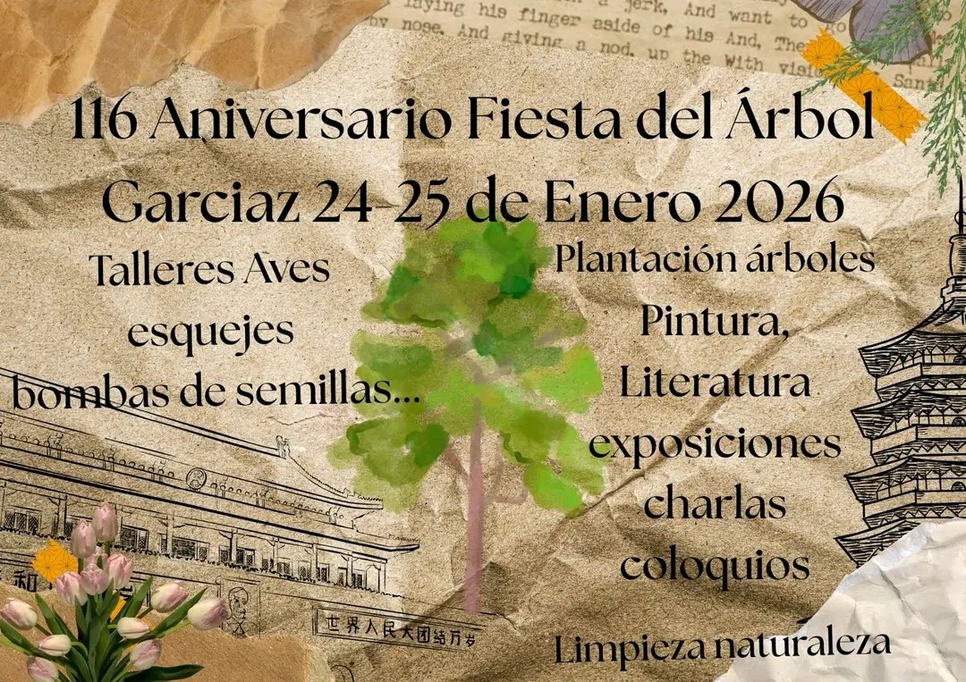 24-25/01. 116 Aniversario de la Fiesta del Árbol <a href="/SIEMPREGARCIAZ/">GARCIAZ</a> <a href="/raicesdegarciaz/">@raícesdegarciaz</a> <a href="/PICPublicos/">PICP Caminos Públicos</a> <a href="/Villuercasoeste/">Plataforma zona villuercas oeste</a> <a href="/turisvilluercas/">Turismo Villuercas</a> <a href="/DehesaVilluerca/">Dehesas y Villuercas Ecologistas en Acción</a> <a href="/DiputacionCC/">DiputacionCC</a> <a href="/Turismo_DipCC/">Turismo Provincia Cáceres</a> <a href="/Junta_Ex/">Junta de Extremadura</a> <a href="/extremadura_tur/">Extremadura Turismo</a> <a href="/adicomt/">ADICOMT</a> <a href="/bibliotecaextre/">Biblioteca Virtual Extremeña</a> <a href="/LasTejoneras/">Las Tejoneras De Conquista</a> <a href="/PiSerradilla/">picosfoto-berzocana</a> <a href="/extremadura_tur/">Extremadura Turismo</a>