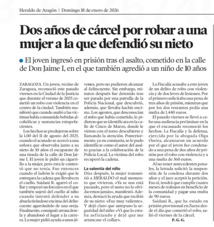 El magrebí SAIDANI R cogió del cuello a un niño de 10 años y robó con violencia a su abuela. En la calle Don Jaime de Zaragoza

🔵🔴 Ya se encuentra en libertad gracias a las políticas del bipartidismo

🟢Con VOX, este miserable estaría de vuelta en su país