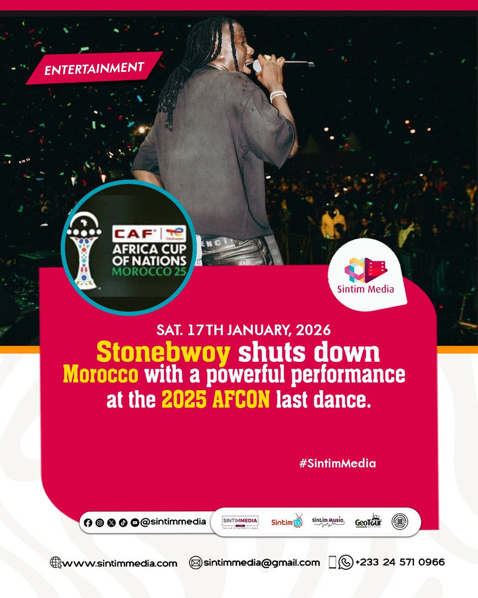 𝐄𝐍𝐓𝐄𝐑𝐓𝐀𝐈𝐍𝐌𝐄𝐍𝐓: <a href="/stonebwoy/">THE TORCHER</a>  shuts down Morocco with a powerful performance at the 2026 AFCON last dance. 

𝐑𝐞𝐚𝐝 𝐌𝐨𝐫𝐞: sintimmedia.com
#SintimMedia #AFCON2025