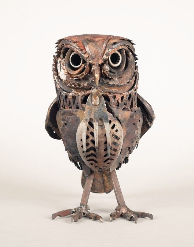 "Little Owl' by Harriet Mead, English wildlife artist specialising in metal sculptures  #WomensArt #WildlifeArtWeek