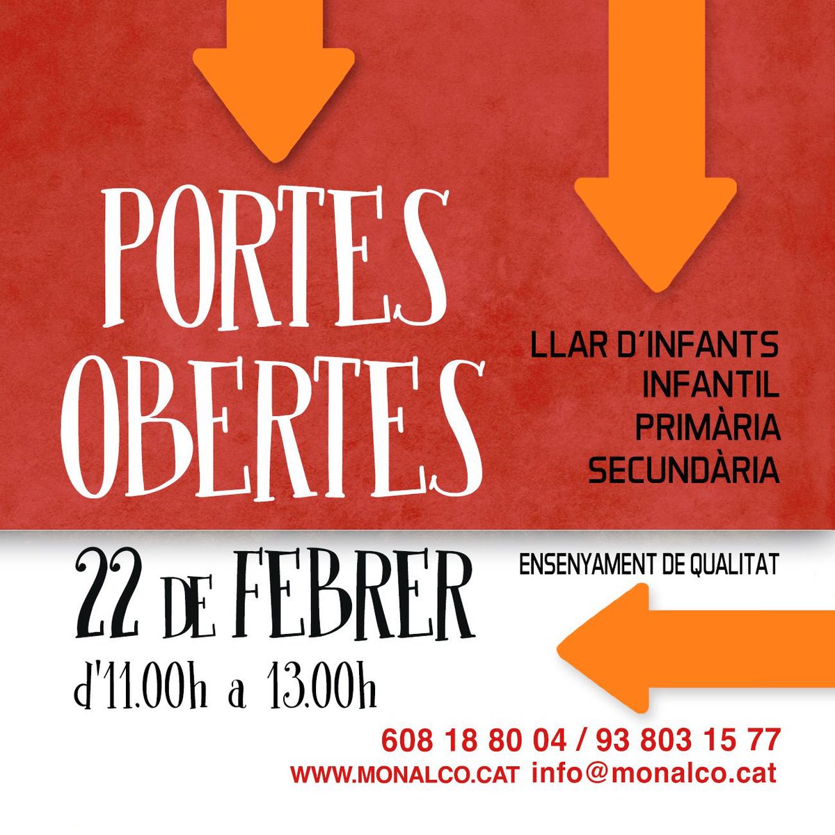 colmonalco's tweet photo. Estàs buscant el millor futur per als teus fills? Al Monalco t’obrim les portes. Apunta’t i visita’ns el proper 22 de febrer a la Jornada de Portes Obertes, o concerta una visita personalitzada i descobreix el Projecte Educatiu.
#llar #infantil #primària #secundària https://t.co/hTwoHyqEIy