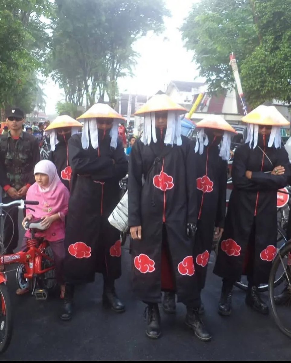 Akatsuki with a cause in Indonesia 

In Indonesia, a group of men dressed up as the Akatsuki from Naruto, instead of causing trouble they helped the community by distributing food and doing charity work