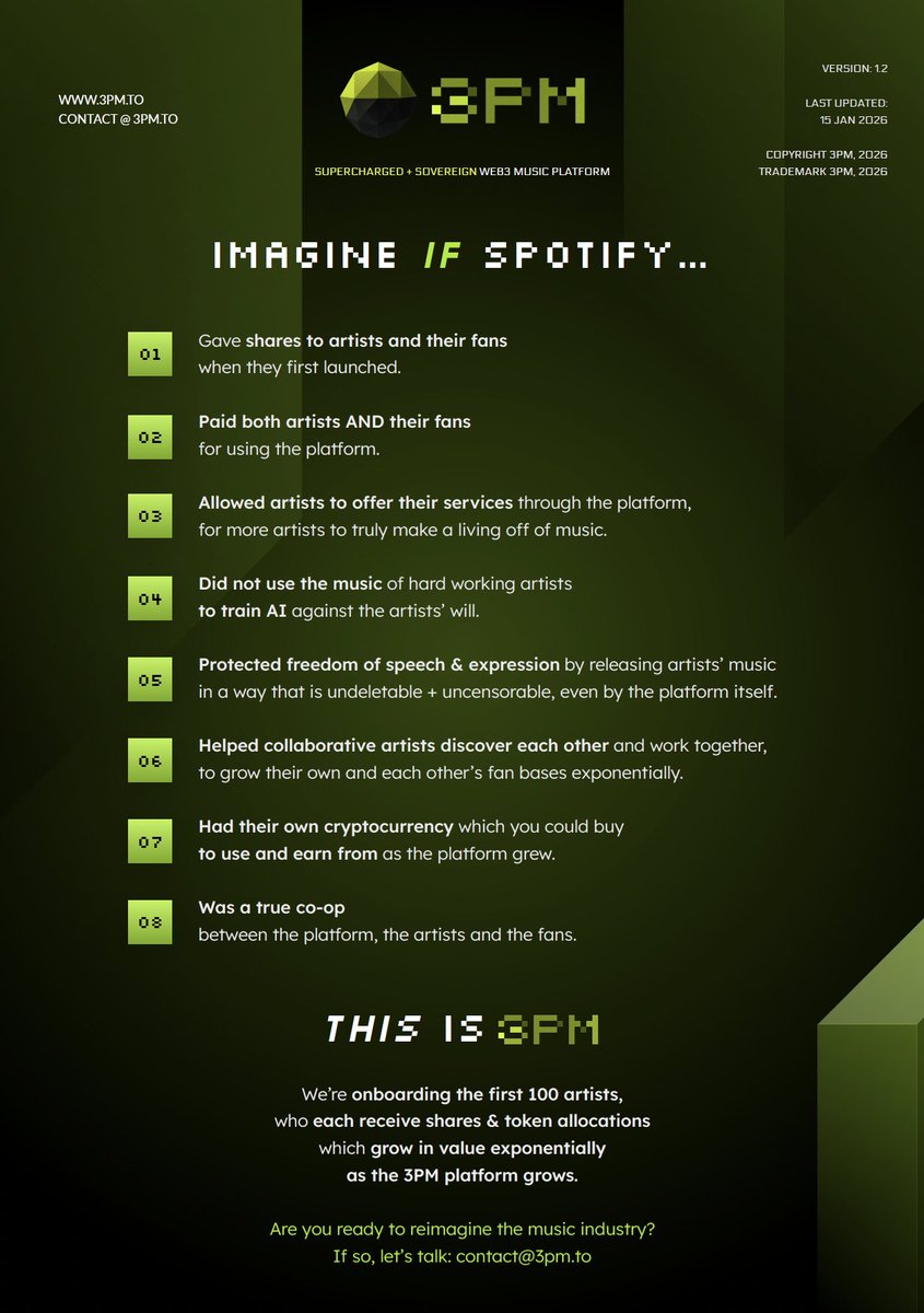 V1 of our platform has passed testing phase. Now, we're about to launch V2 and are onboarding the first 100 artists.

To be considered, please submit your music, portrait photo, bio and video link (if available) to contact@3pm.to

If selected, receive: marketing, shares &amp; tokens.