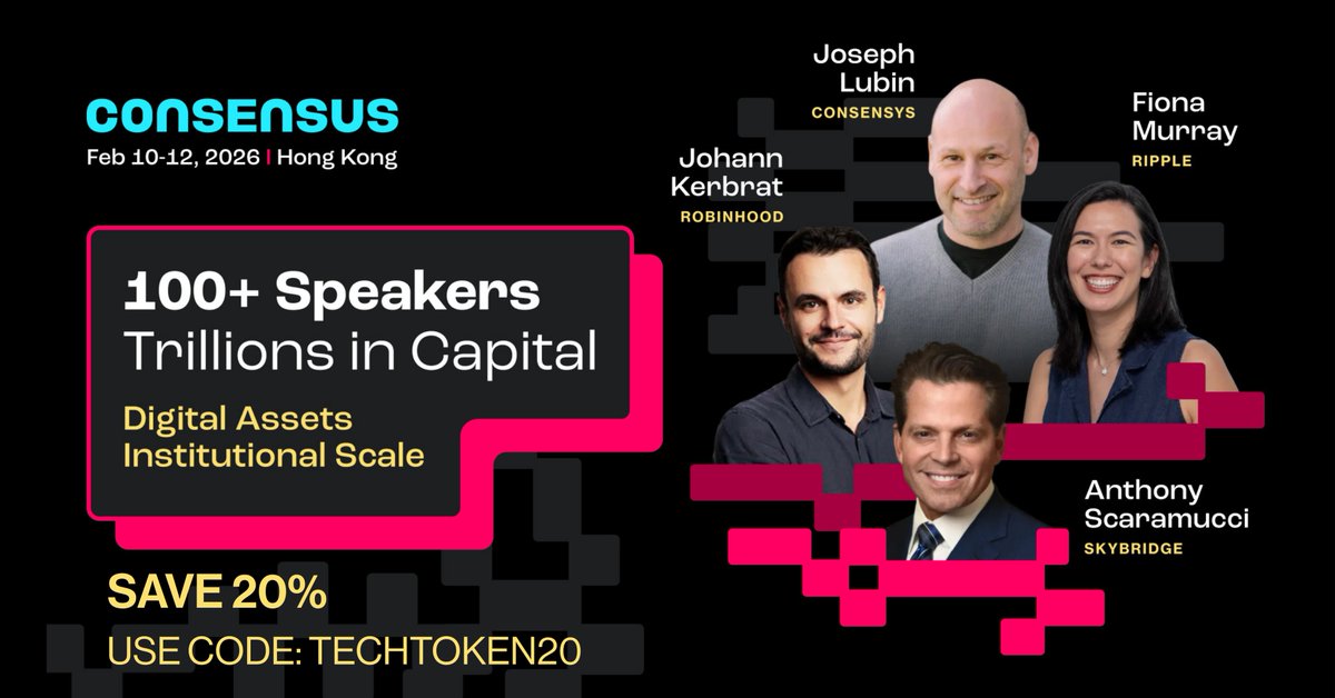 We are official community partners for Consensus Hong Kong 2026.

Feb 10 to 12 - Hong Kong

- 100 plus speakers
- Top names from crypto finance AI and infrastructure
- Builders founders institutions all together

Use code TECHTOKEN20 to save 20 percent.