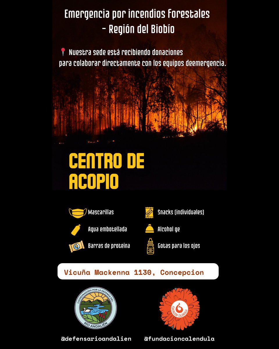 A partir de las 10 de la mañana, en la Sede de la Coordinadora Por La Defensa del Río Andalién, estaremos funcionando como centro de acopio y distribución de ayuda para enfrentar la emergencia de #IncendiosForestales en #Concepcion
Vicuña Mackenna 1130, entre Ongolmo y Orompello