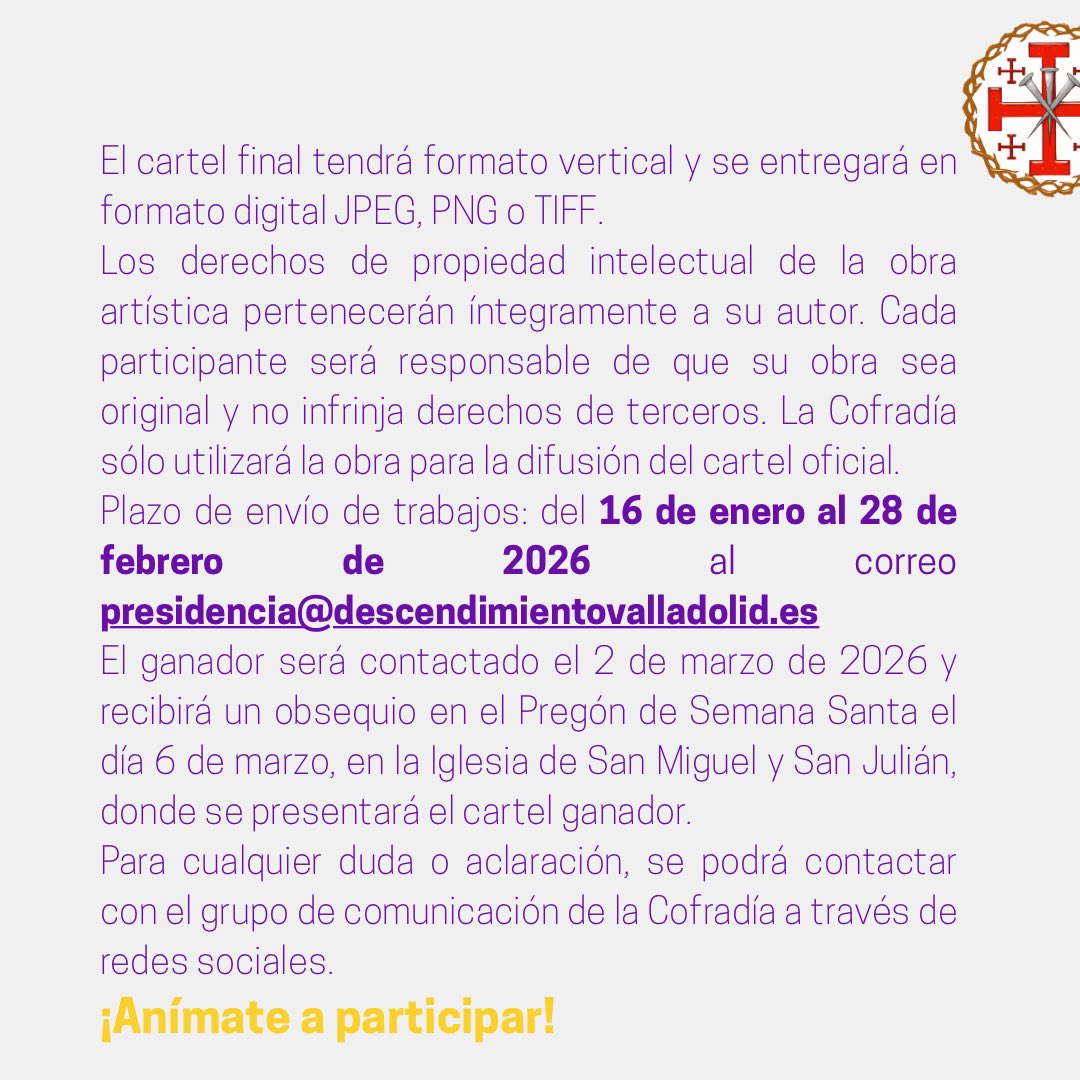 📢CONCURSO DE CARTELES PROCESIÓN LA AMARGURA EN EL MONTE CALVARIO

👉🏼Por primera vez, el cartel de presentación de la Procesión La Amargura en el Monte Calvario será elegido mediante concurso. 

¡Anímate a participar!