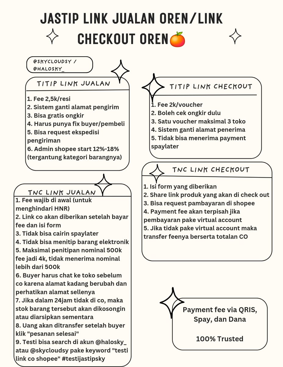skycloudsy's tweet image. OPEN JASTIP SHOPEE🍊

☆Titip link jualan  2,5k
☆Jasa checkout Shopee 2k/2 voucher (Shopee VIP), udh inc voucher diskon 20% max 4k
☆testi di📌 100% trusted
☆boleh tanya2 dulu
☆bisa booking buat event 

 #zonauang #zonaba  jastip link wts wtb voucher freeong gratis ongkir