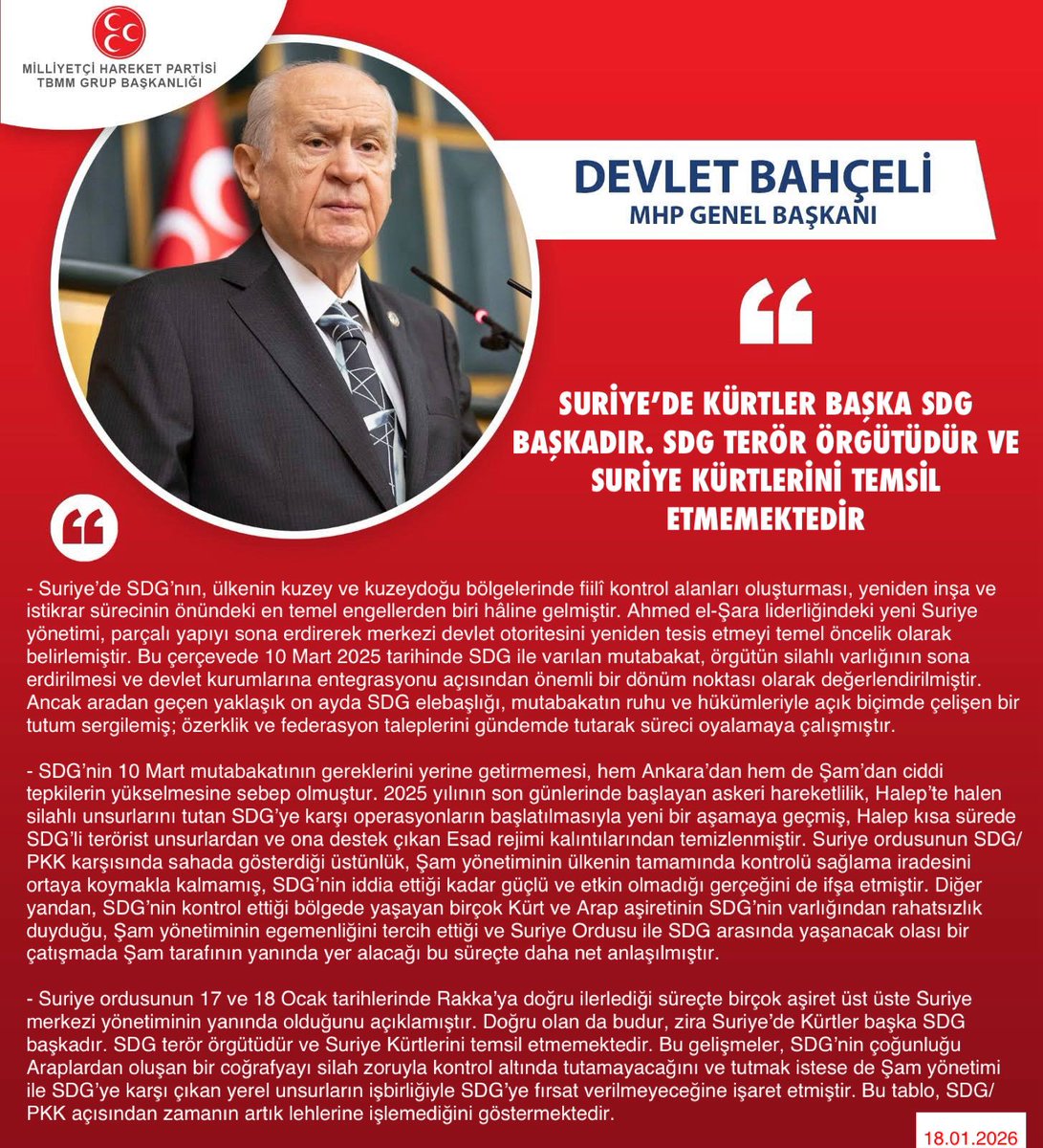 Genel Başkanımız Sayın Devlet BAHÇELİ <a href="/dbdevletbahceli/">Devlet Bahçeli</a> : Suriye’de Kürtler başka SDG başkadır. SDG terör örgütüdür ve Suriye Kürtlerini temsil etmemektedir.

mhphaber.com/?p=12193