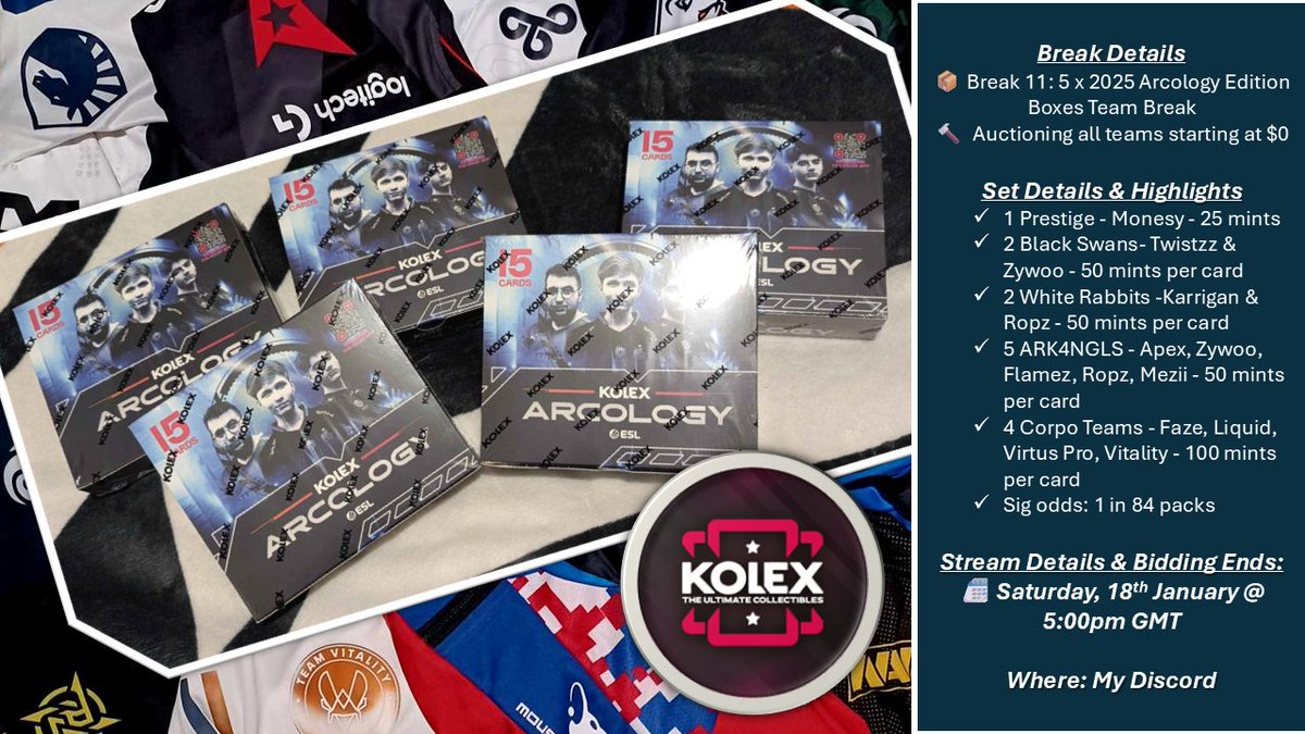 EHOPPPSTV's tweet photo. The bidding on teams end at 5pm today for Box Break number 11. Stream starting 15 mins before.🔥

Will be 5 of the @KolexGG Arcology Boxes. 📦

Link to discord: https://t.co/XCIPcBFY2y https://t.co/WXTHDm3QyG