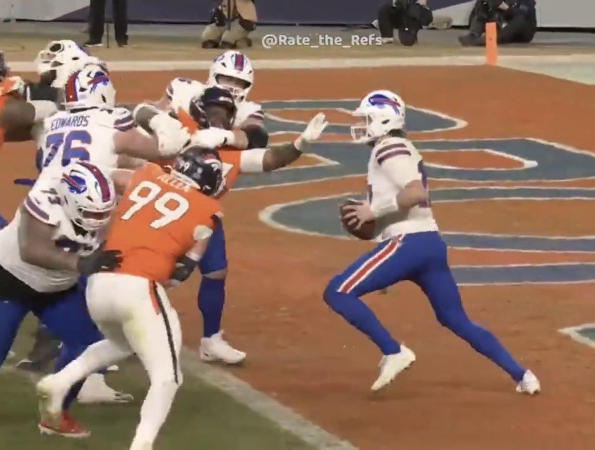 SickDubz's tweet photo. To all the Bill's fans complaining about the INT and DPI calls, if they had correctly called this holding in the endzone... the game would have been over and those calls wouldn't have happened. 

Bo Nix also wouldn't have a broken ankle. Crazy. https://t.co/Fu8n0udJ8P