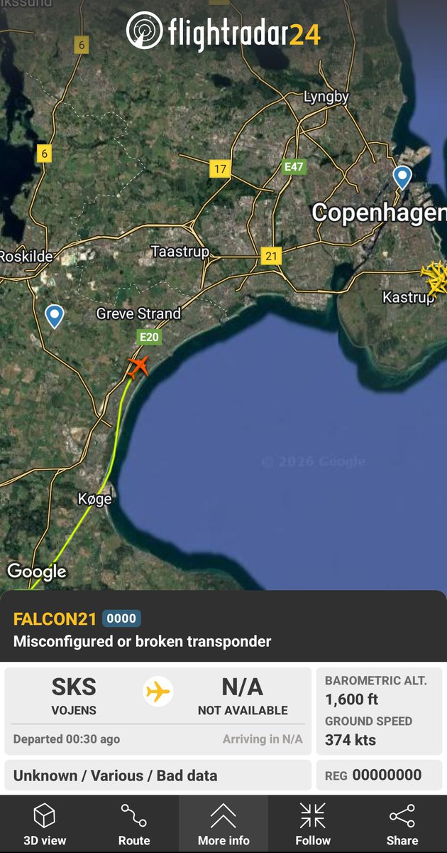 Anyone aware of what this aircraft is? Departed Vojens and heading towards Copenhagen. Not information on asbd either. 

<a href="/flightradar24/">Flightradar24</a> #Aircraft #Denmark