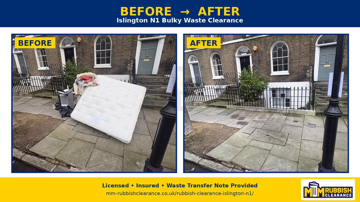 Yesterday in Islington N1 ✅ Before &amp; After
Bulky waste cleared fast — mattress, bags &amp; more removed.
Licensed &amp; insured + WTN provided. ♻️
mm-rubbishclearance.co.uk/rubbish-cleara…