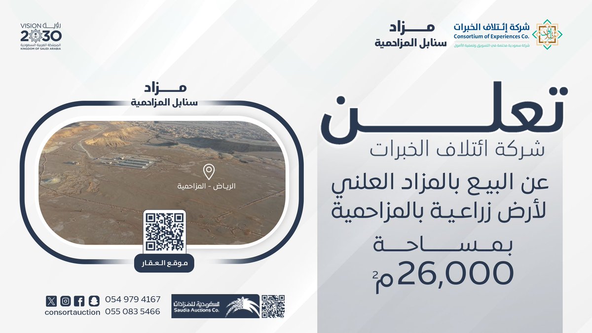 تعلن شركة ائتلاف الخبرات
بالتعاون مع مكتب أمين الإفلاس
الاستاذ : ياسر الزومان

عن مزاد سنابل المزاحمية
قطعة ارض بمساحة اجمالية (26,000) م2

عبر منصة السعودية للمزادات

يبدأ المزاد يوم الخميس 22 يناير 2026 م
ينتهي المزاد يوم الثنين 26 يناير 2026 م

للتواصل والاستفسار :
0549794167