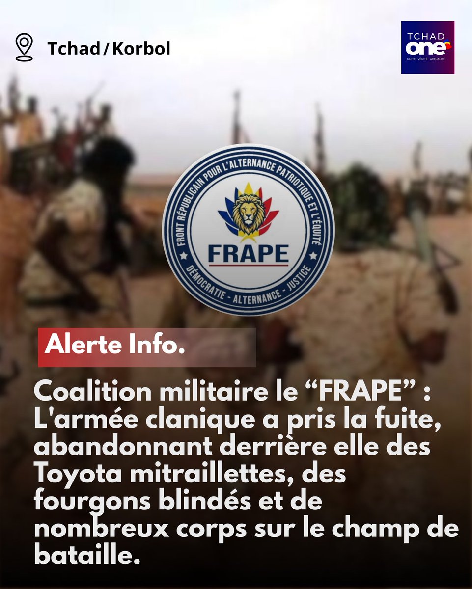 TchadOne's tweet photo. #Tchad ALERTE 🚨 La coalition militaire “le FRAPE” revendique une nouvelle embuscade meurtrière contre l’armée du régime. 

Après avoir incendié plusieurs villages, les soldats du régime seraient tombés dans une nouvelle attaque d’envergure. Selon le mouvement, le bilan militaire fait état d’une “armée clanique” mise en déroute, contrainte de prendre la fuite en abandonnant sur le champ de bataille des pick-up Toyota armés, des fourgons blindés ainsi que de nombreux corps.