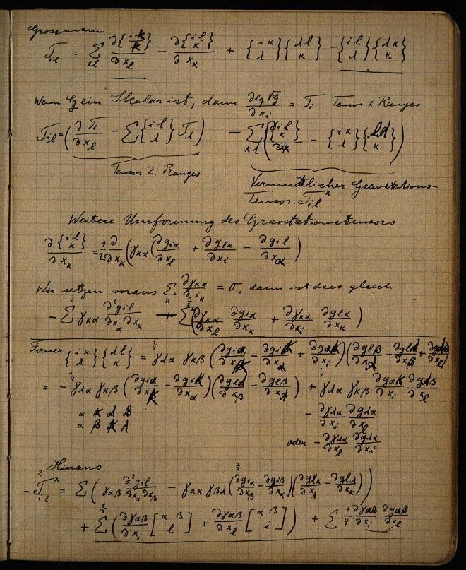 Page of Albert Einstein's Zurich Notebook from around 1912-1913, containing his research notes as he developed the field equations for his general theory of gravity.