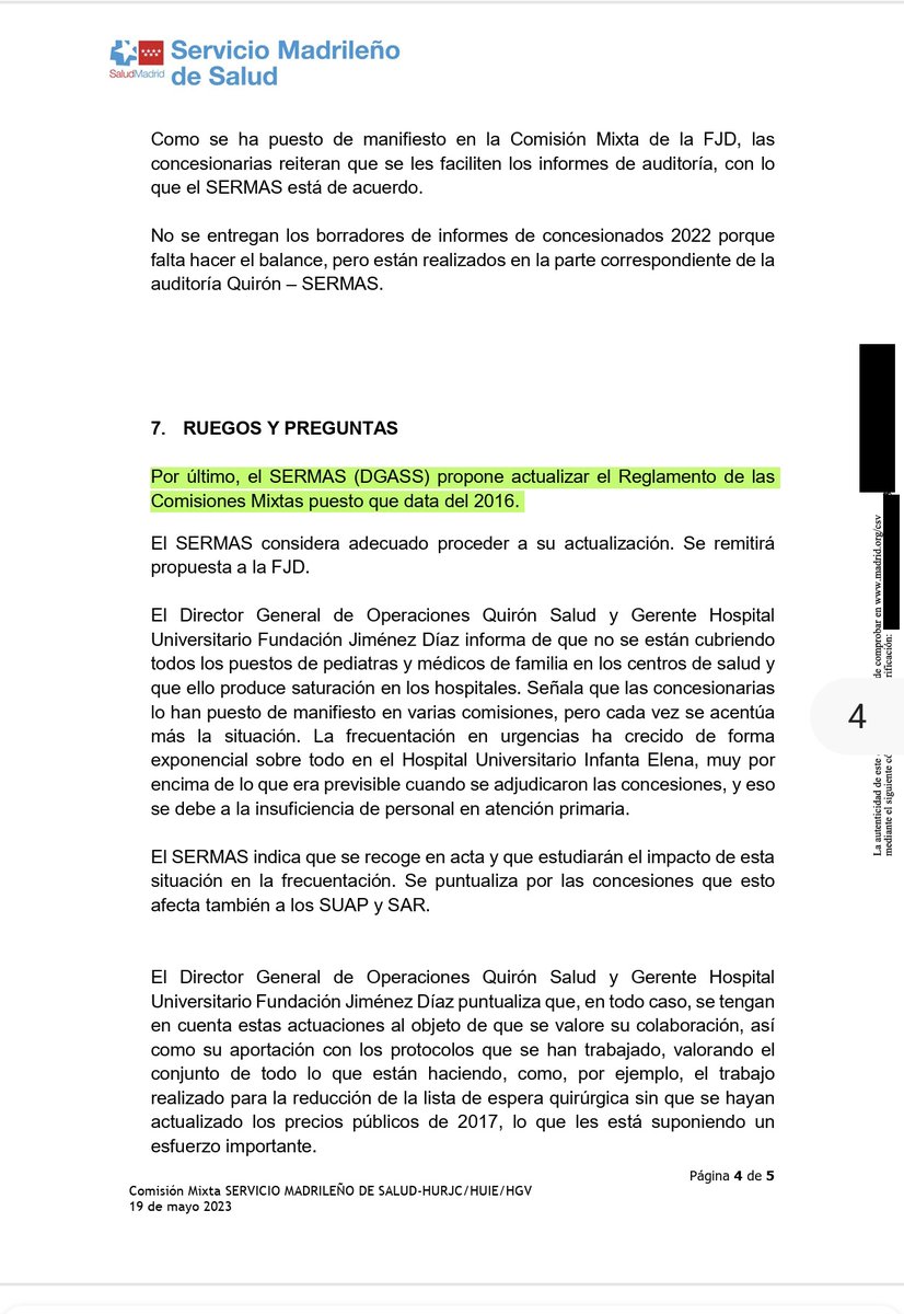 ‼️ Ojo a esto: en el acta de la última reunión publicada (19/5/23) de la comisión mixta con Quirón, la Comunidad de Madrid proponía CAMBIAR el reglamento de esa comisión

Después de eso NUNCA más publicaron actas de estas reuniones, y responden oficialmente que NO EXISTEN