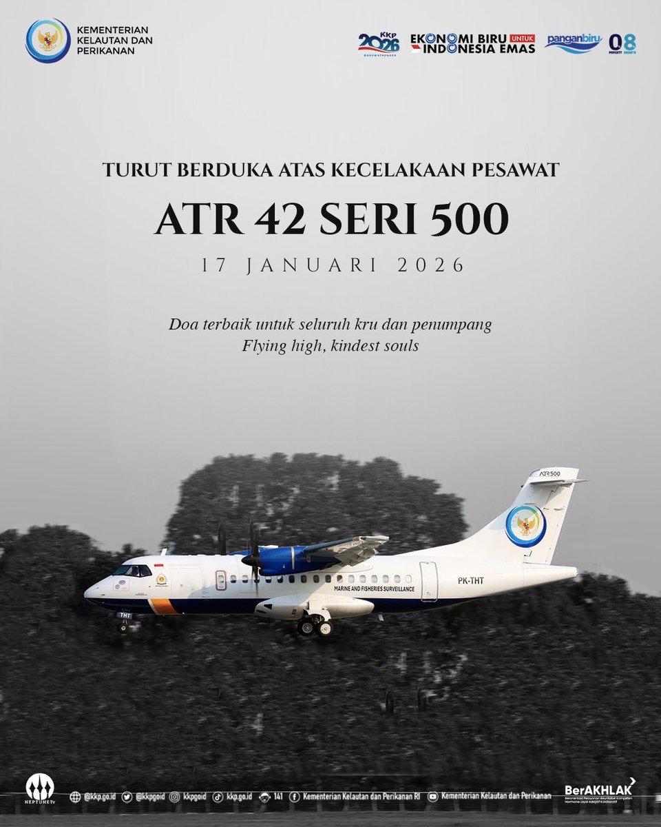 astrieacy's tweet photo. Keluarga Besar Kementerian Kelautan dan Perikanan menyampaikan duka yang sedalam-dalamnya atas musibah yang menimpa pesawat ATR 42-500 dengan Rute Yogyakarta - Makassar.
#2026KKPGrowStronger #SaktiWahyuTrenggono #KKPGOID
#doaterbaik5T3V https://t.co/lFf5dGjJyy