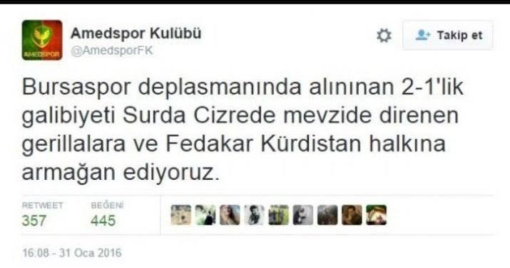 amedspor maçında alınan 2-0'lık galibiyeti Kuzey Irak ve Suriye'de cesurca çarpışan askerimize, ülkesinin bütünlüğü için sdg/ypg'li teröristlerle çarpışan Suriyeli kardeşlerimize🇸🇾 Süleyman Şah Tümeni'nin Türkmen Komutanı Ebu Amşe'ye ve Yüce Türk milletine armağan ediyoruz🇹🇷🇹🇷🇹🇷
