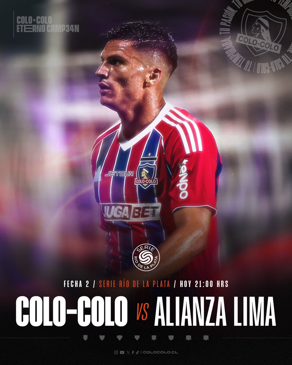 ColoColo's tweet image. ¡𝑯𝑶𝒀 𝑱𝑼𝑮𝑨𝑴𝑶𝑺, 𝑪𝑨𝑪𝑰𝑸𝑼𝑬𝑺!

🆚️: Alianza Lima
🕕: 21:00 horas
🏟: Estadio Parque Viera de Montevideo
📺: Disney + Premium