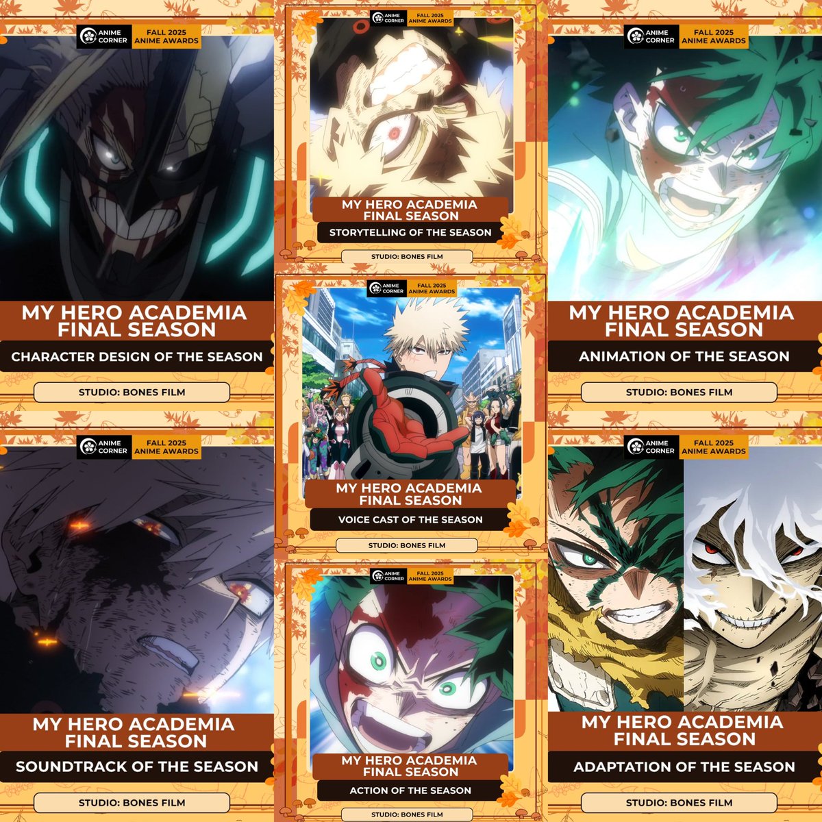 My Hero Academia in this season won:
- Best Character design 
- Best Soundtrack 
- Best Storytelling 
- Best Voice Cast
- Best Action
- Best Animation 
- Best Adaptation 

We knows who's winning as Best Anime of 2025 lol