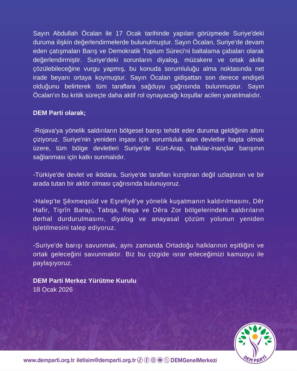 Ankara’da yapıcı Suriye’de yıkıcı olunamaz!

Merkez Yürütme Kurulumuzun açıklaması:
#DefendRojava 
demparti.org.tr/tr/ankarada-ya…