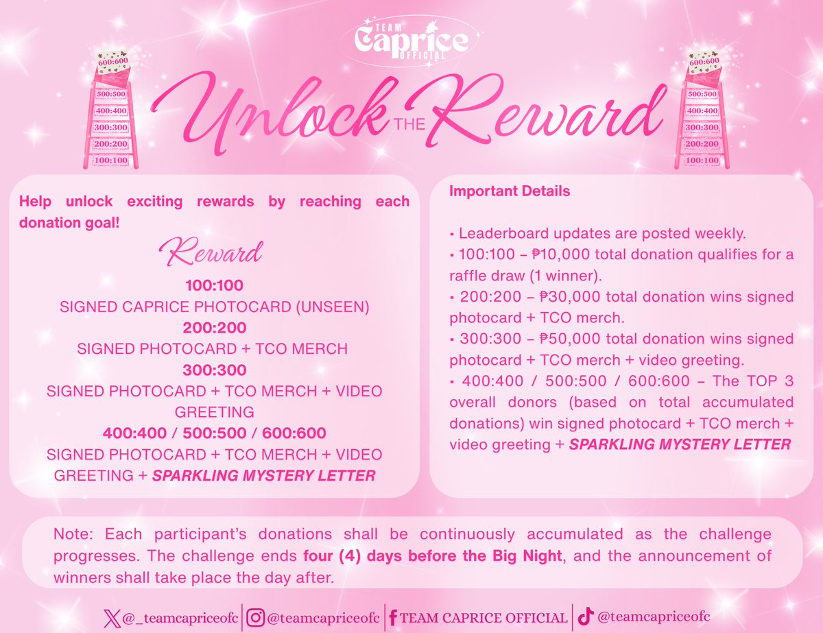 _teamcapriceofc's tweet image. ✨ Light Up the Ladder. Unlock the Reward. ✨

Every donation helps move us up the ladder and unlock exciting rewards 💖
From signed Caprice photocards and TCO merch to video greetings—with a ✨Sparkling Mystery Letter✨ waiting at the final step for our top supporters 💌

Climb…