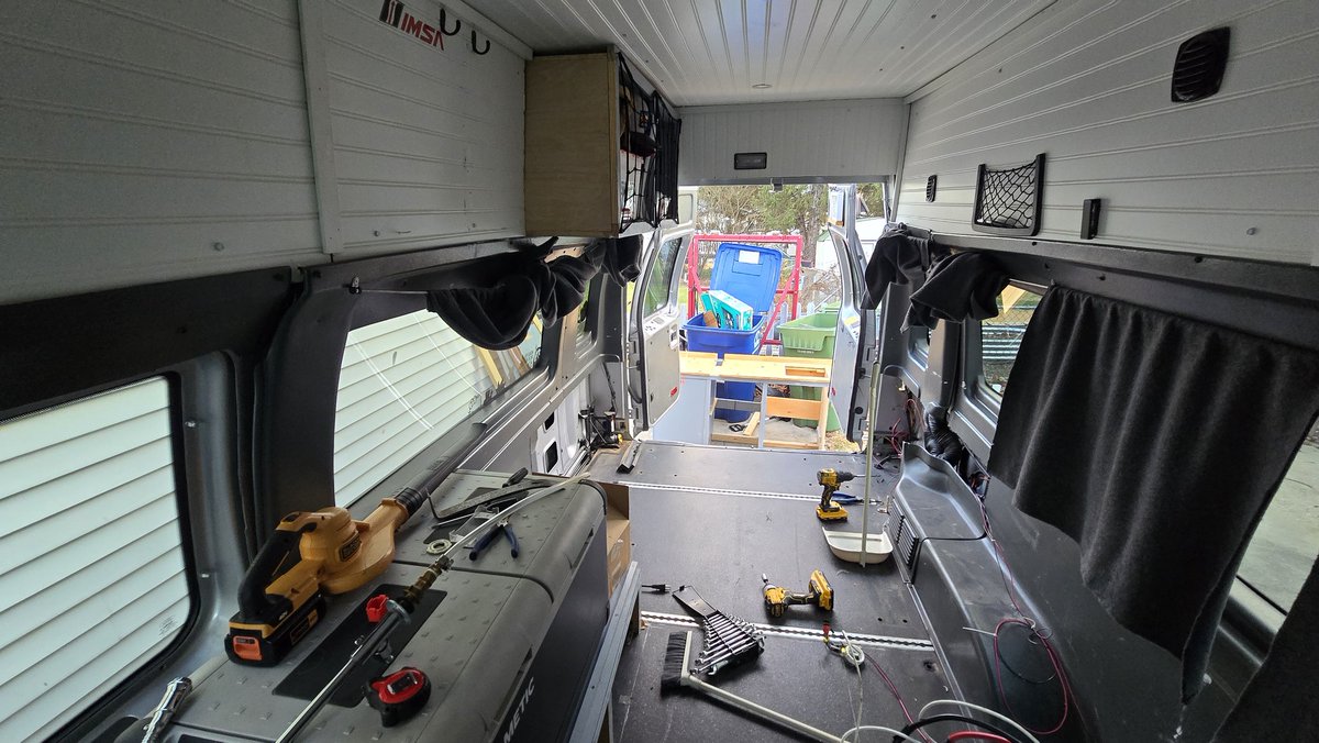 ReteeFor3's tweet image. After weekend 1 everything is fully removed. New bed frame is going in nicely and I have all my cuts for a new cabinet system in place. cant fully secure the bed until the cabinets are in since they have to go in the back door. I leave Feb 18 for Florida so it has to be done.