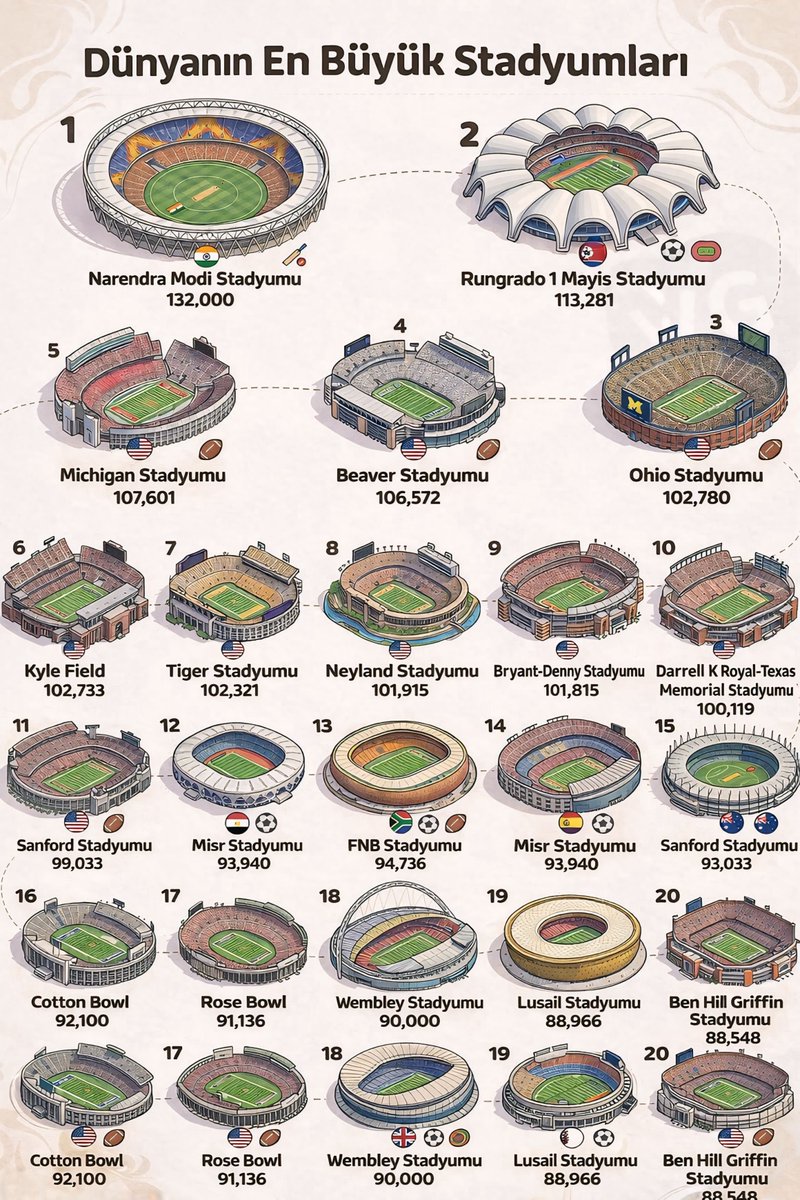 FUTASPOR's tweet image. 🏟️ Dünyanın en büyük stadyumları.