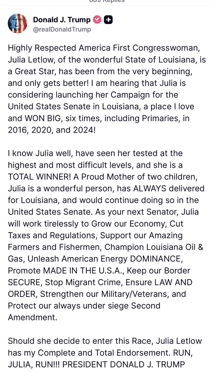 EricLDaugh's tweet image. 🚨 IT’S OFFICIAL: President Trump is PRIMARY challenging Sen. Bill Cassidy in Louisiana, endorsing Julia Letlow for 2026

This is huge! MAGA pickup! 🇺🇸 

“Highly Respected America First Congresswoman, Julia Letlow, of the wonderful State of Louisiana, is a Great Star, has been…