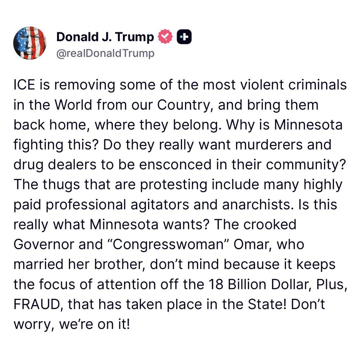 Breaking911's tweet image. Trump blasts Ilhan Omar and fraud in Minnesota, Says “Don’t worry, we’re on it!”