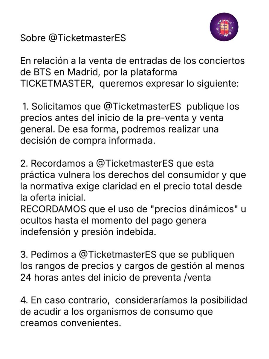 BTS_inSpain2's tweet image. Sobre @TicketmasterES @bts_bighit

 En relacion a la venta de entradas de los conciertos de BTS en Madrid, por la plataforma TICKETMASTER,  queremos expresar lo siguiente:

 1. Solicitamos que @TicketmasterES  publique los precios antes del inicio de la pre-venta y venta general.…