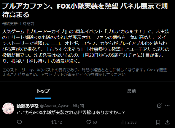 本日のニュースにFOX小隊上がってて見たらトップ飾ってた件