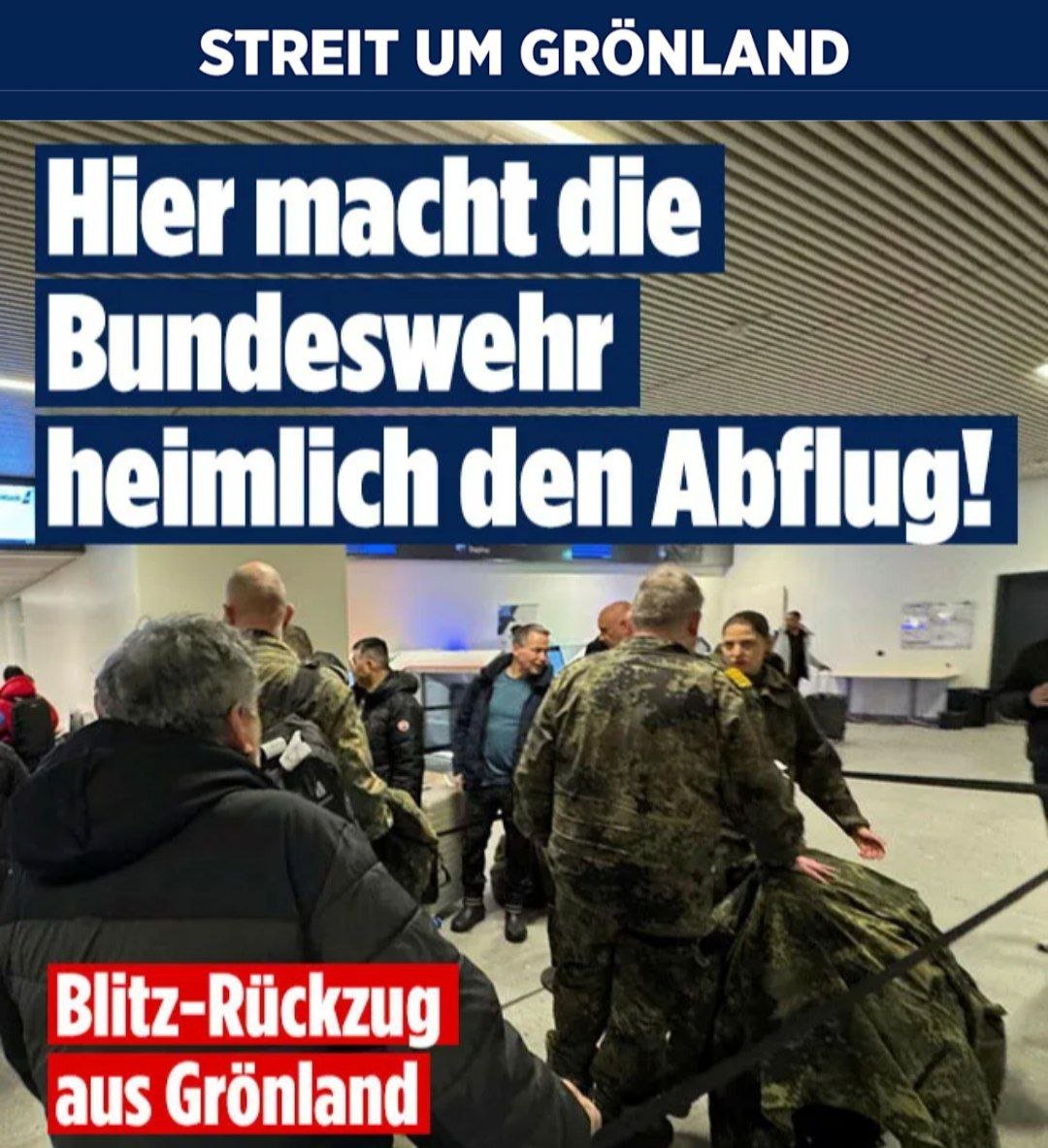 cyan_rk's tweet photo. "Wir sind fest entschlossen Grönland zu verteidigen. - Ach, was solls❗"🤡
💥"Blitz-#Abflug in aller Eile: 
Das Erkundungsteam der #Bundeswehr fliegt still und heimlich von #Grönland ab!
Dabei hieß es gestern noch, die #Soldaten würden länger als geplant bleiben."😏
#Zölle #Trump https://t.co/Jp1hywC63F