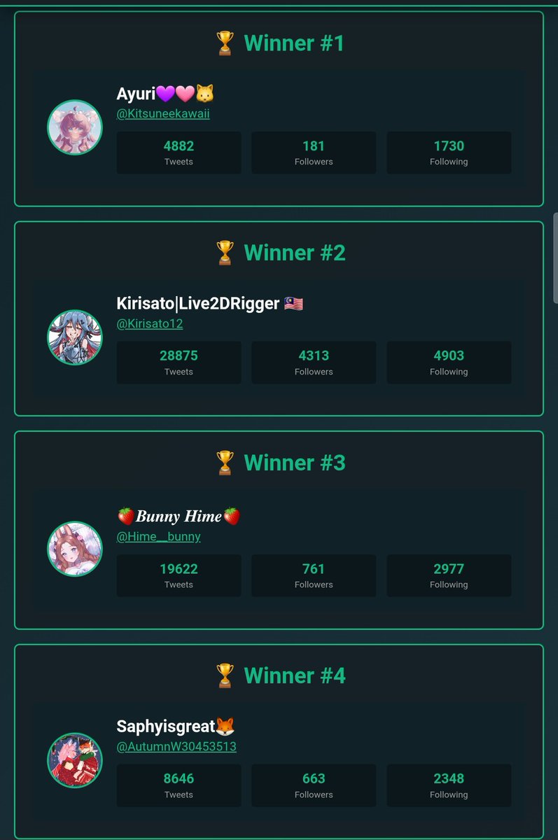 Congrat for the 5 lucky person!!!🎉🎊
<a href="/KitsuneTrinity/">Trinity ☁️💞 VTuber</a> <a href="/Kirisato12/">Kirisato|Live2DRigger 🇲🇾</a> <a href="/Kitsuneekawaii/">Ayuri💜🩷🐱</a> <a href="/Hime__bunny/">🍓𝑩𝒖𝒏𝒏𝒚 𝑯𝒊𝒎𝒆🍓</a> <a href="/AutumnW30453513/">Saphyisgreat🦊</a> pkease dm me and send your oc again^^