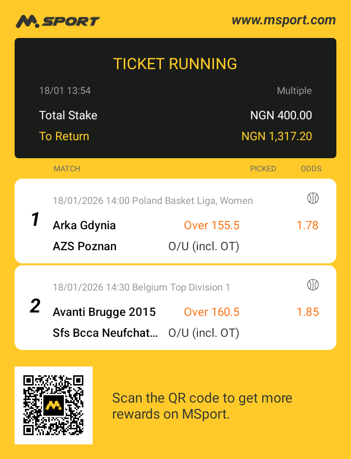 This is my bet ticket on MSport: Stake ₦400.00, To return ₦1,317.20! Extra ₦500,000 Giveaway for everyone:
msport.com/ng/share/ticke…