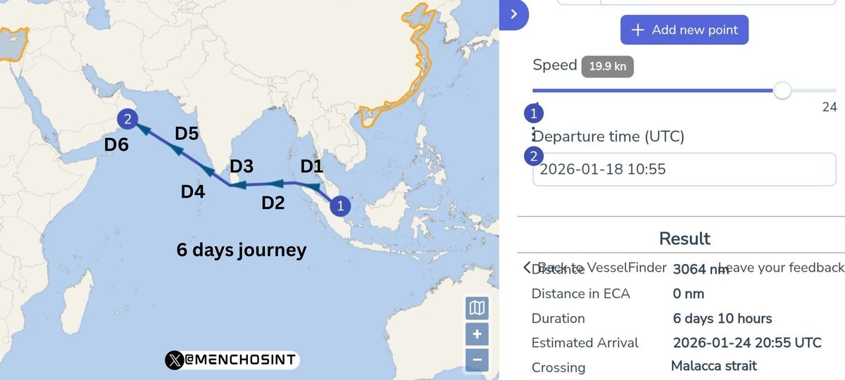 MenchOsint's tweet image. ✍️ Basically, the aircraft carrier USS Abraham Lincoln will be in position to attack Iran at D5 (around Jan. 23rd) – if it keeps an average speed of 19.9 knot.

Will Trump attack Iran or just use this force as a leverage to negotiate something ?