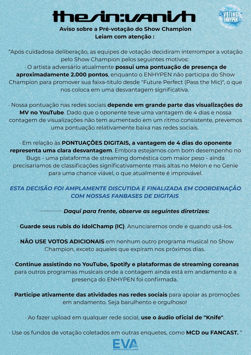 VotingEnhypen_'s tweet image. ℹ️ | Aviso sobre a Pré-votação do Show Champion ❕

Leiam tudo com atenção, ENGENEs!

──͏ continuem com a coleta nos outros aplicativos e com os streams! 💪🏻