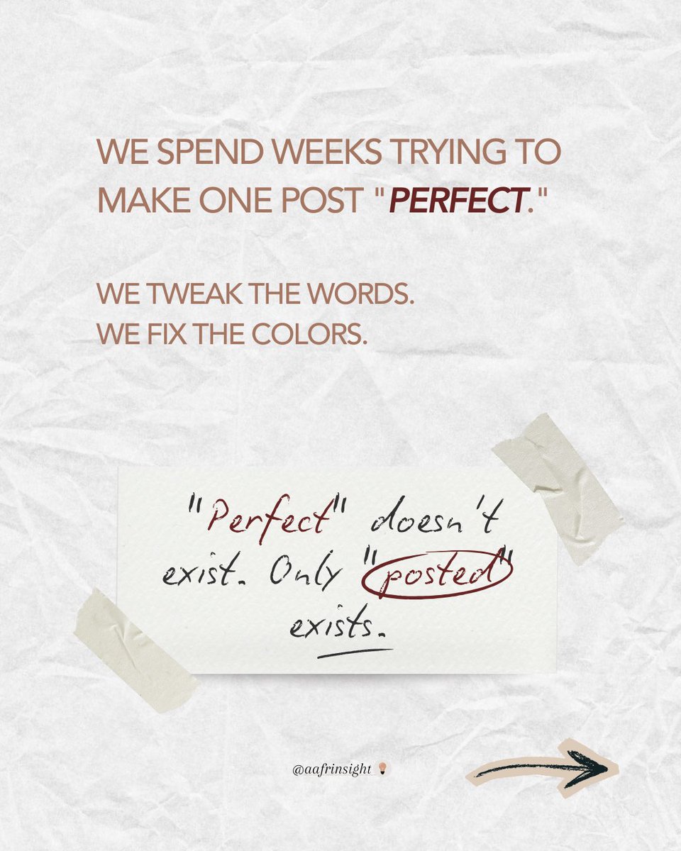 AafrInsight's tweet photo. The "best" content is the stuff you haven't posted yet.

We spend weeks trying to make one post perfect. But "perfect" doesn't exist. Only "posted" exists.

Quality is born in quantity. You can’t learn from a draft.

Stop polishing. Hit post.

#ContentStrategy https://t.co/ycKDuAspV0