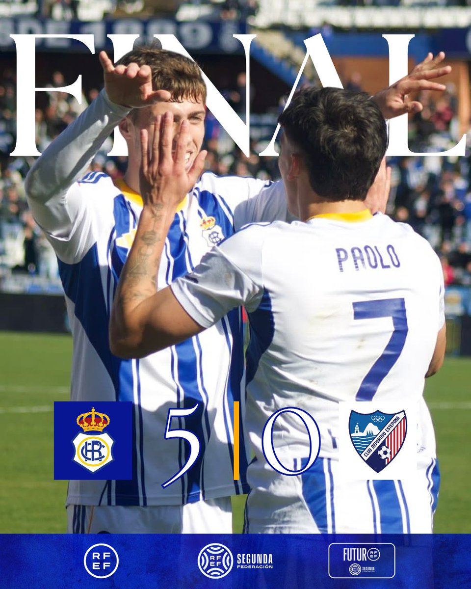 ⏱90+3’. FINAL EN EL TEMPLO.

Mañana espléndida en el Nuevo Colombino con una victoria espectacular y muy importante 😍

Seguimos en nuestro camino 🫡

Gracias siempre por el apoyo, afición 💙

💙🤍 #RecreEstepona 5-0 🔴🔵