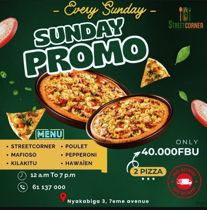 🍕🎉 Sunday Promo chez #Streetcorner, 2 pizzas pour seulement 40,000 Fbu !  🔥😋

#Abatwip, commandez maintenant pour une livraison rapide et gratuite 🤗

☎️ 61 137 000