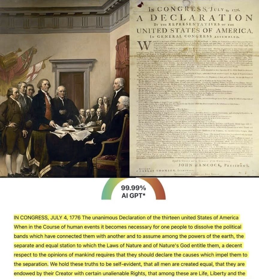 Bitcoin_Teddy's tweet image. LMAOOO an AI detector just flagged the 1776 Declaration of Independence as 99.99% ai-written.

&amp;gt; millions of professors use this tool 💀