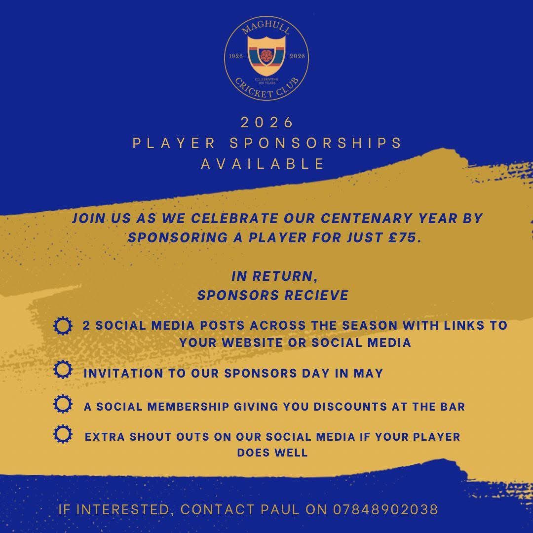 MaghullCC's tweet image. A fantastic opportunity to support the club &amp;amp; the players in 2026 as we celebrate 100 years of Maghull Cricket Club