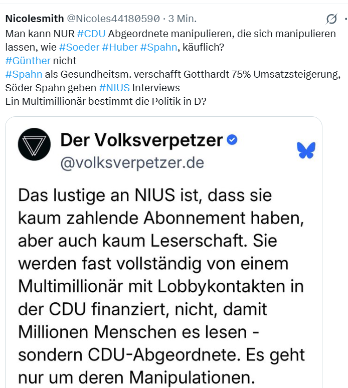Nicoles44180590's tweet photo. Die Verbindung zwischen #Spahn und #Gotthardt #NIUS ist eng
Gotthardt hat finanziell durch Spahn profitiert 
Spahn hat neue Gesundheitsregeln eingeführt, die Gotthardts Unternehmen CompuGroup Medical stark profitierten, wobei die Umsätze, Gewinne um mehr als 75 % gestiegen sind https://t.co/4MW6gbaQ8m