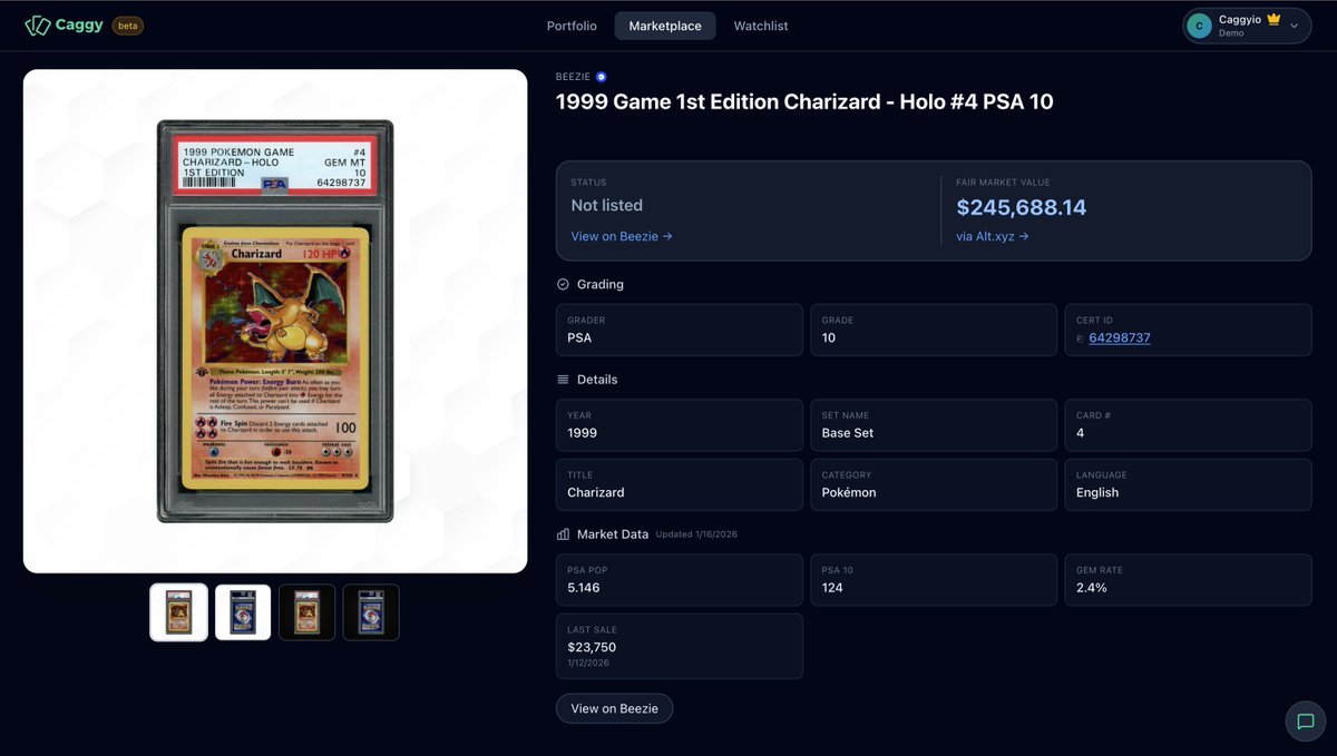 PSA 10 Charizard. But how rare is it?

Caggy shows you:
- Total population at each grade
- Gem rate (% that are 10s)
- Last sale price

For almost every card. Across all platforms.

DM for beta access.

Card owned by <a href="/dcfgod/">DCF GOD</a> on Beezie