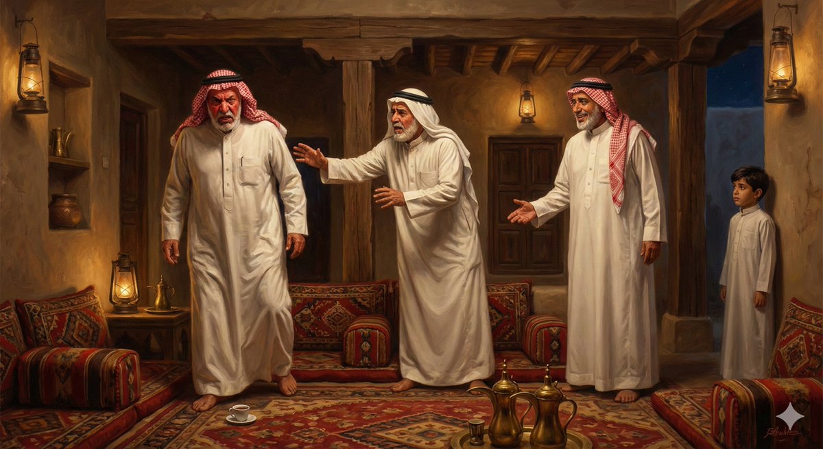 😡 أبو عبداللطيف يخرج من مجلس أبي غاضباً‼️
📜 "قصة حقيقية وقعت في مجلس الوالد قبل نحو 43 عاماً"

كانت ليلة صيفية لا تزال محفورة في ذاكرتي منذ الطفولة، حين كان مجلس والدي -حفظه الله- يضج بالحياة، وتعبق في أرجائه رائحة الهيل والزعفران الممزوجة بعبير البخور، استعداداً للدورية