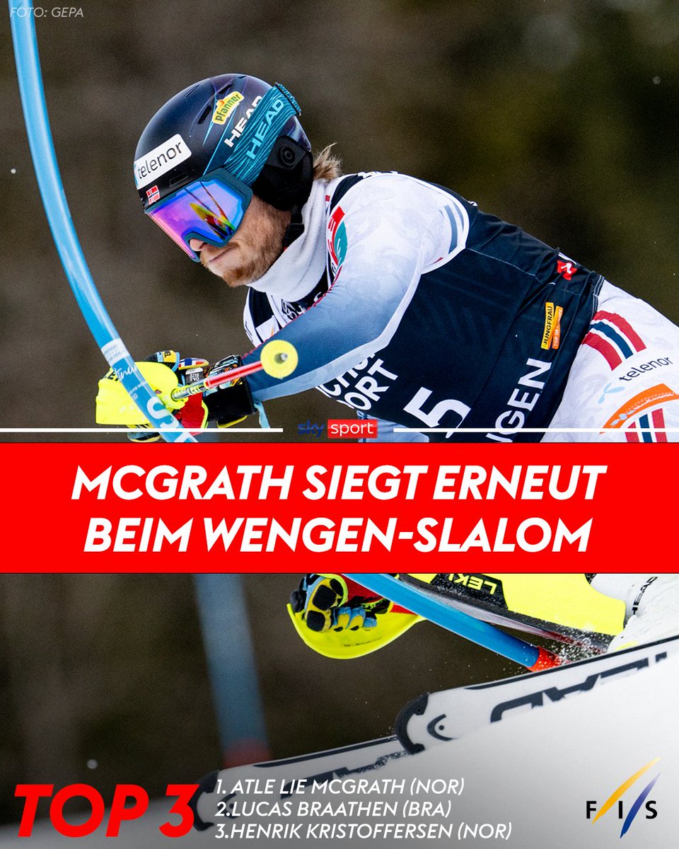 SkySportAustria's tweet photo. Vorjahressieger Atle Lie McGrath triumphiert erneut! 🔥
➡️ Mit einem starken zweiten Lauf schiebt sich Michael Matt noch auf Rang sieben nach vorne. Manuel Feller fällt auf Platz elf zurück. 🇦🇹
Alle Infos 👉 https://t.co/CsXujfxIfY
#SkiAlpin #Slalom #Wengen #McGrath #Matt #Feller
