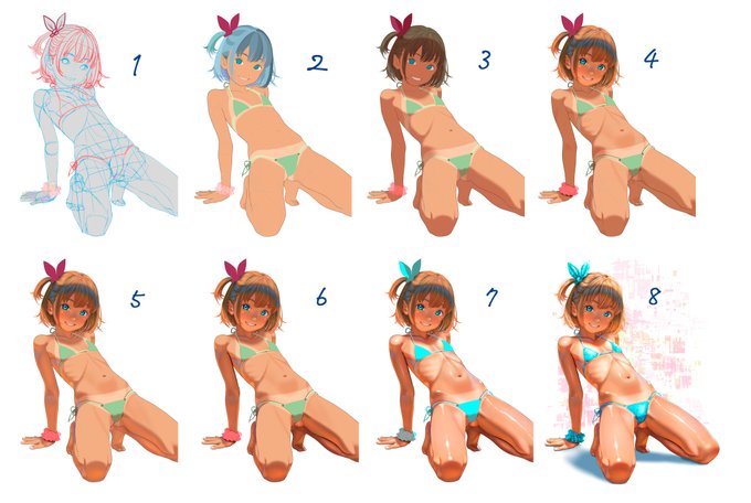 今回はこんな感じに描きました。
目と瞳の大きさが気になったので微調整続けながら描きました。
腕のシュシュはアセットをベースに塗りつぶして塗り込んでいます。 