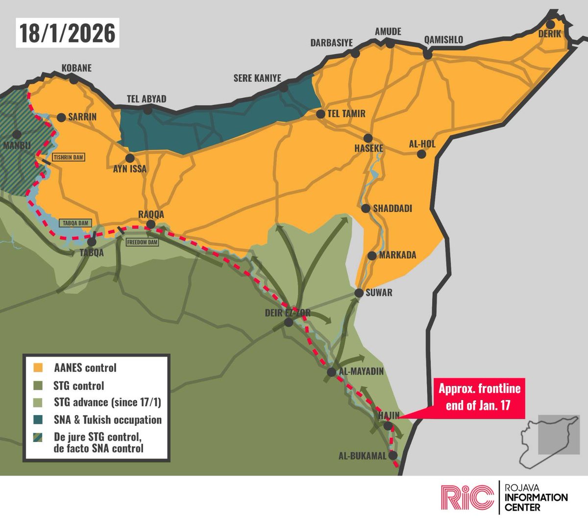 The Syrian Transitional Government has taken control of Tabqa. Clashes were reported in Raqqa last night, with calm then resumption of clashes today. In eastern Deir ez-Zor, STG-affiliated tribal forces took up arms against the SDF and took over al-Omar oil field and Koniko gas