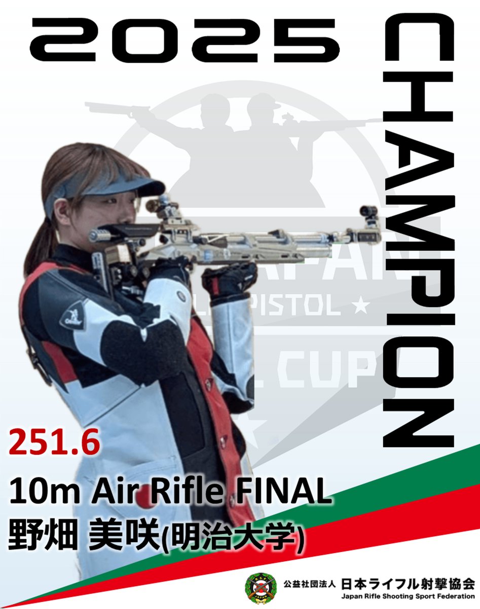 riflesports_jp's tweet photo. 🔫2nd ALL JAPAN FINAL CUP

10m Air Rifle
#野畑美咲 選手(明治大学)が優勝🥇しました！

来週は #ピストル ウィーク。
1/21(火)・22(水)に25m種目、
1/24(土)にAir Pistolが開催されます。
📺1/24(土)13:15～ YouTube LIVE配信

引き続き熱戦が繰り広げられます！

#AllJapanFinalCup #射撃 #JRSF https://t.co/xHtP0qcPod